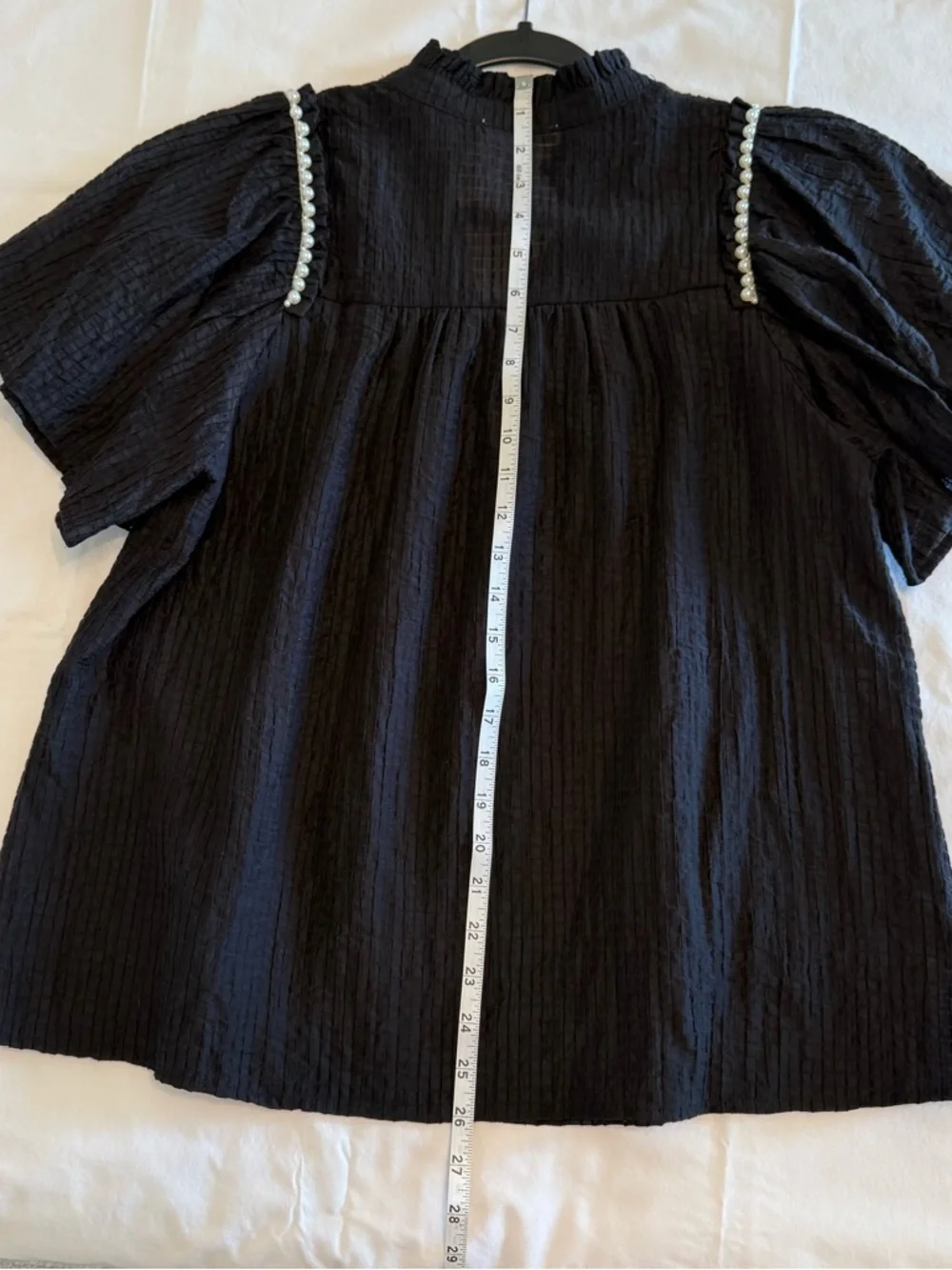 Feminine flowy top from Entro. Black Ruffle Sleeve Blouse with Pearl Trim - Picture 11 of 14